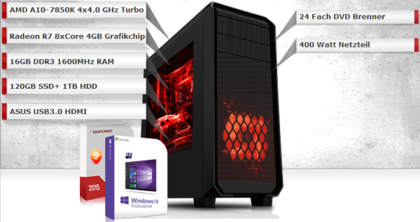 AMD A10 7850K 4x3,7GHz CPU | 16GB DDR3 RAM | AMD Radeon R7 | 120GB SSD + 1000GB HDD Festplatte